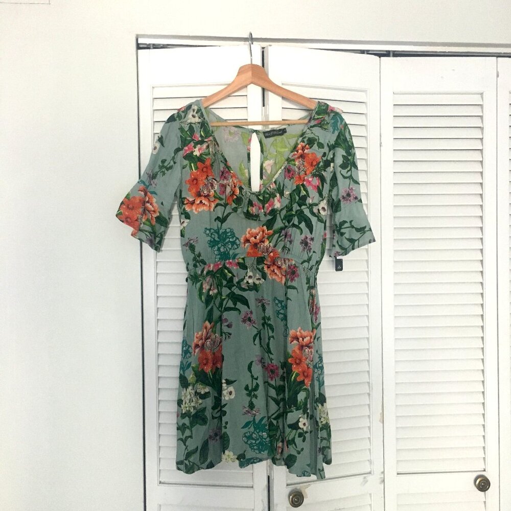 NWT Rock & Religion Blue Floral Print Mini Dress with Flounce Sleeves (UK 8 / US